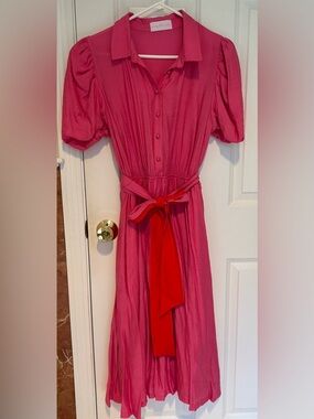 Pretty Little Sister Pink Puff-Sleeve Shirt Dress with Tie Belt